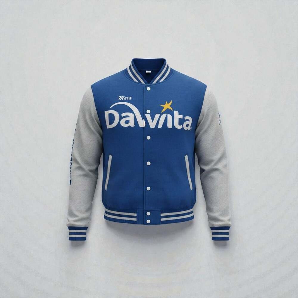 DaVita Varsity Jacket Size L Blue Grey Embroidered Logo Team Patches